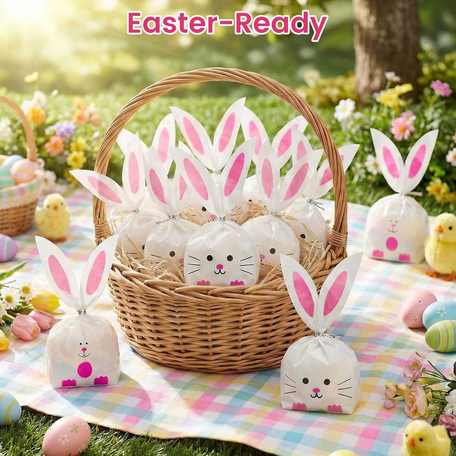 image:imageShindel 100PCS Cute Easter Goodie Bags 85 x 51 Inch Bunny Treat Bags for Cookie Snack Packaging Supplies
