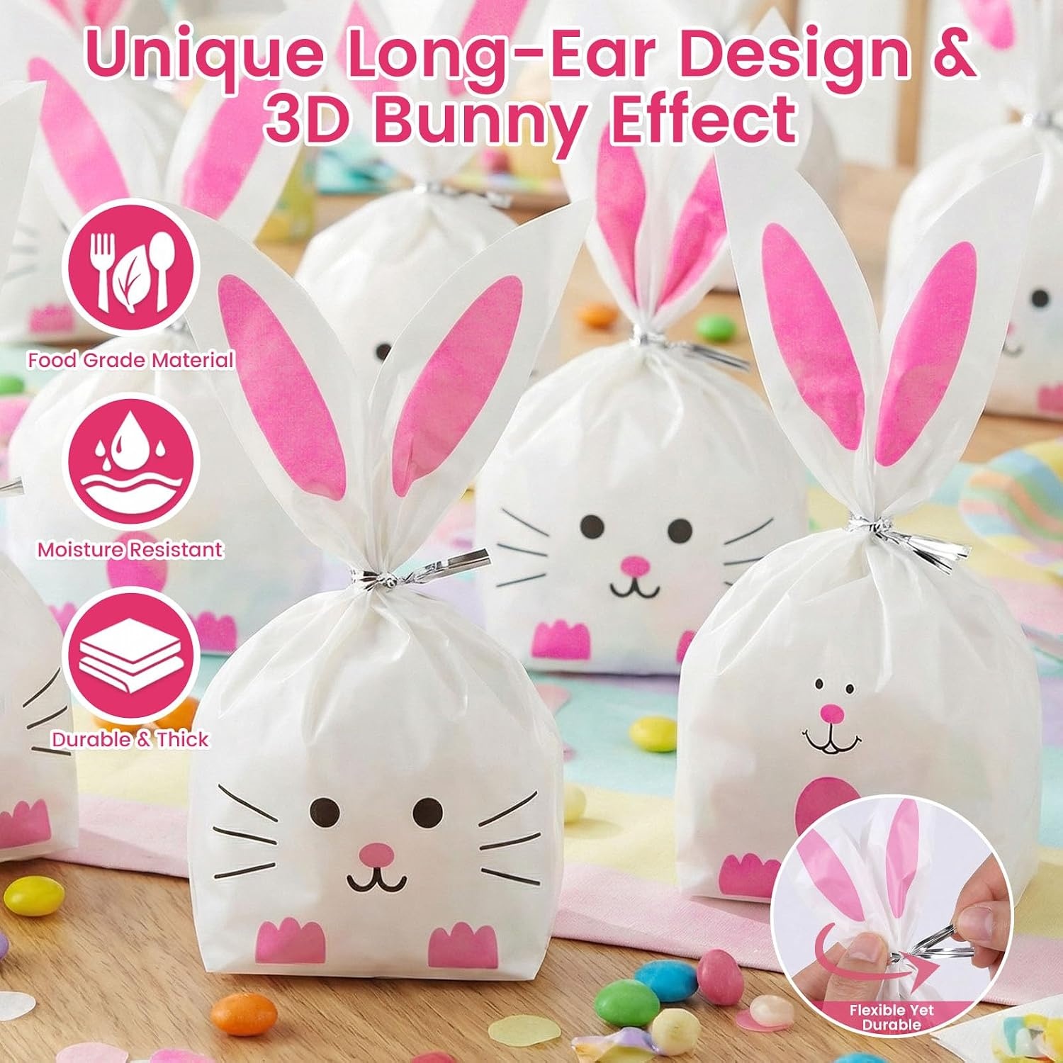 image:imageShindel 100PCS Cute Easter Goodie Bags 85 x 51 Inch Bunny Treat Bags for Cookie Snack Packaging Supplies