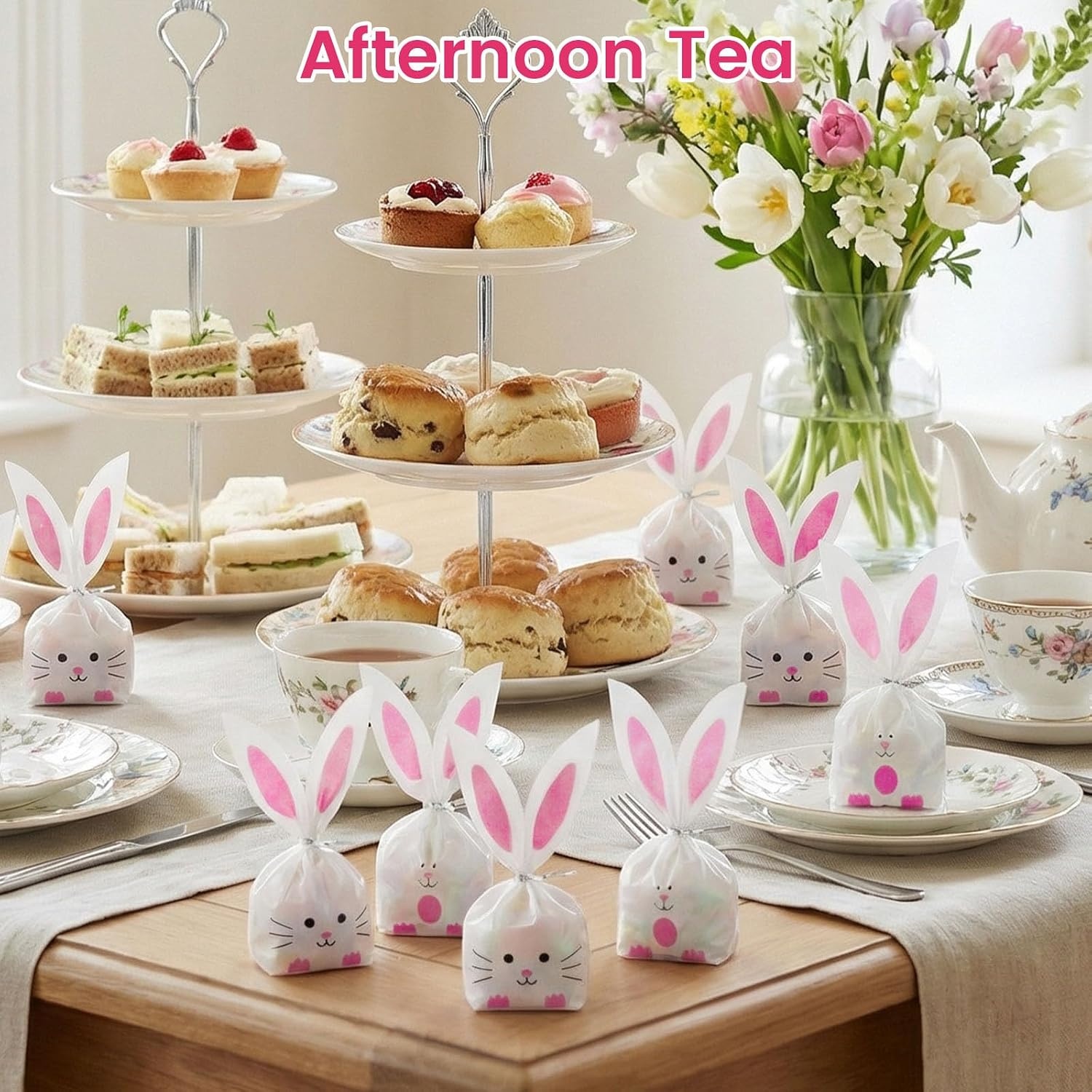 image:imageShindel 100PCS Cute Easter Goodie Bags 85 x 51 Inch Bunny Treat Bags for Cookie Snack Packaging Supplies