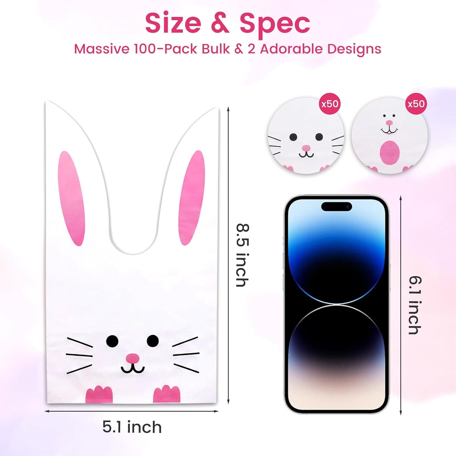 image:imageShindel 100PCS Cute Easter Goodie Bags 85 x 51 Inch Bunny Treat Bags for Cookie Snack Packaging Supplies