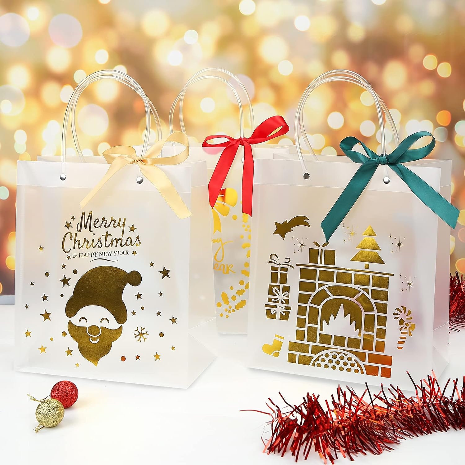image:imageShindel 12PCS Christmas Holiday Golden Gift Bags Clear Christmas Gift Bags Shopping amp Merchandise Bags Winter Prints for Party Favors Goody Bags Xmas Presents 9 x 4 x 10inches