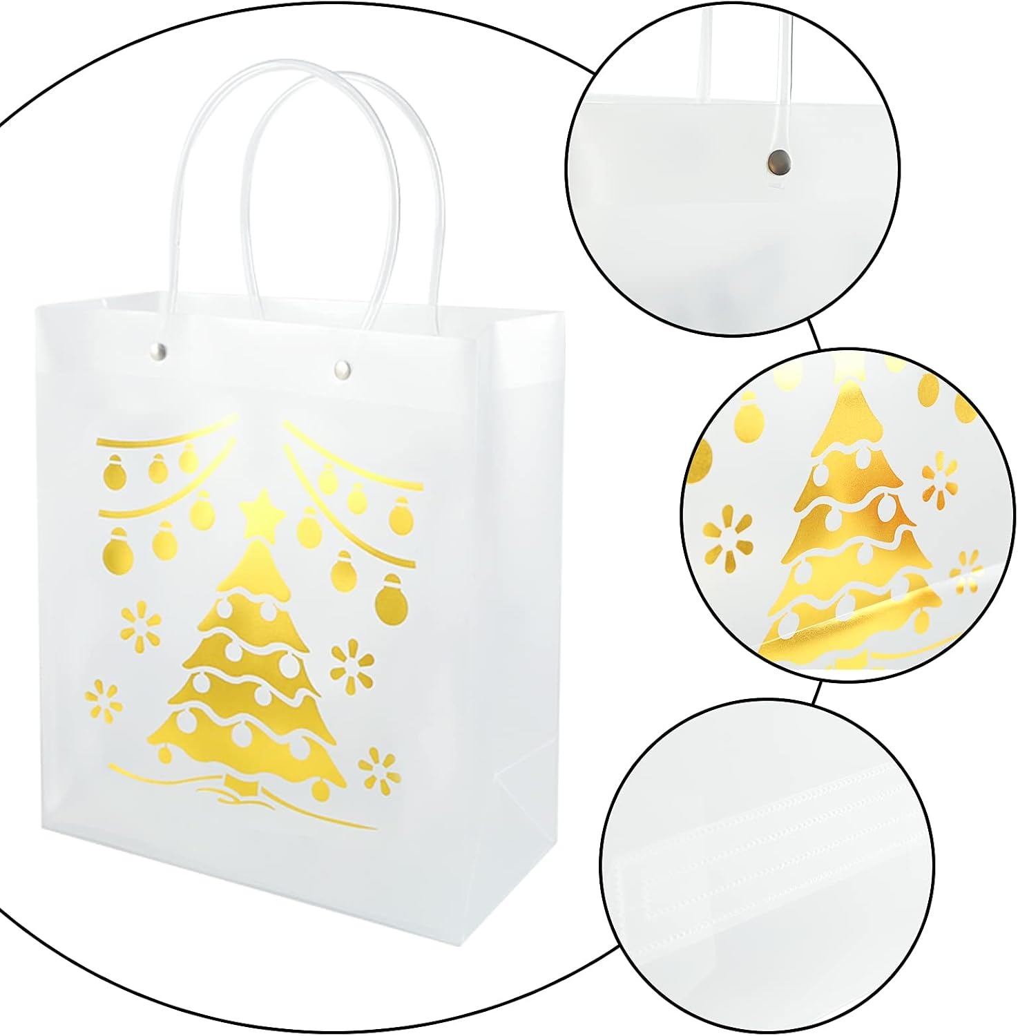 image:imageShindel 12PCS Christmas Holiday Golden Gift Bags Clear Christmas Gift Bags Shopping amp Merchandise Bags Winter Prints for Party Favors Goody Bags Xmas Presents 9 x 4 x 10inches