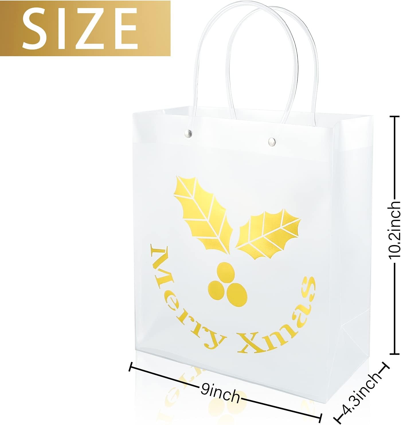 image:imageShindel 12PCS Christmas Holiday Golden Gift Bags Clear Christmas Gift Bags Shopping amp Merchandise Bags Winter Prints for Party Favors Goody Bags Xmas Presents 9 x 4 x 10inches