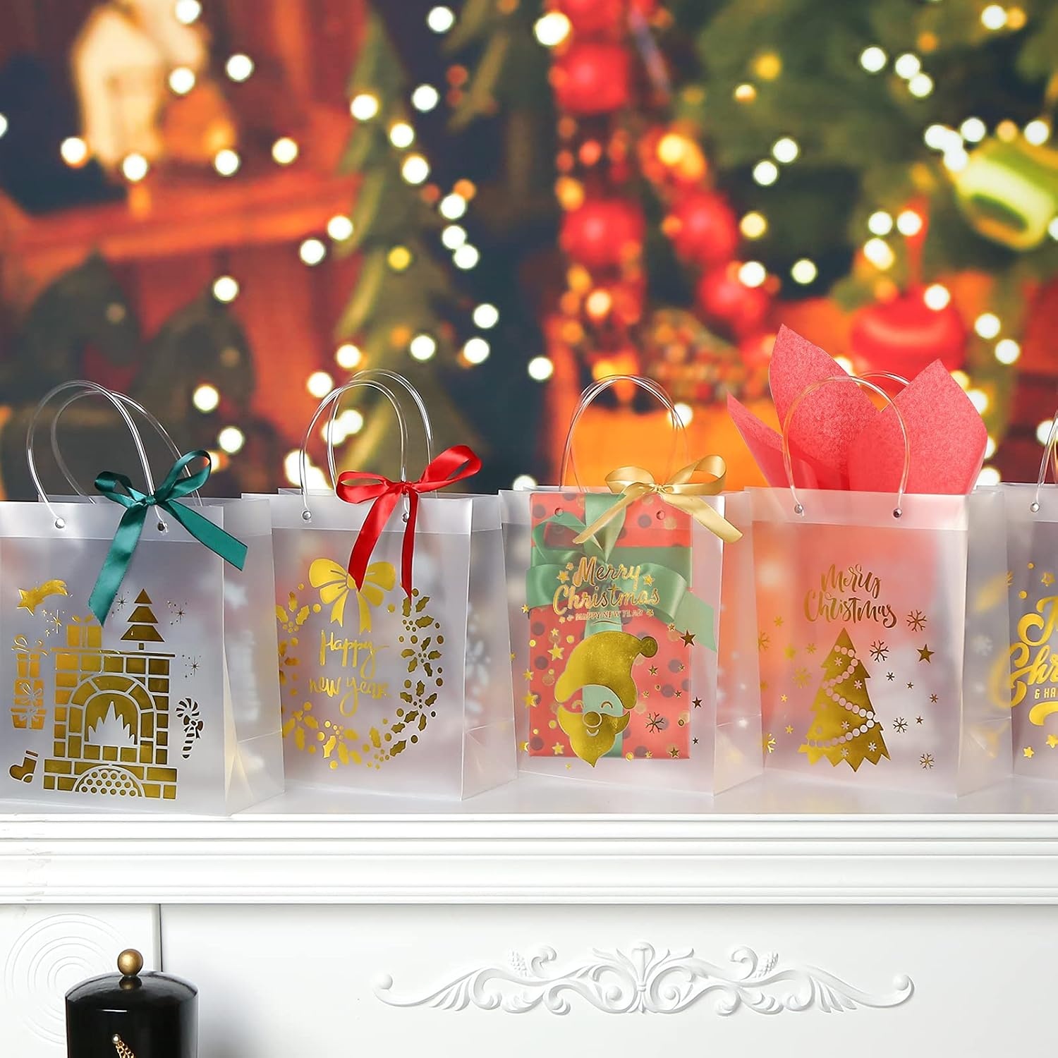 image:imageShindel 12PCS Christmas Holiday Golden Gift Bags Clear Christmas Gift Bags Shopping amp Merchandise Bags Winter Prints for Party Favors Goody Bags Xmas Presents 9 x 4 x 10inches