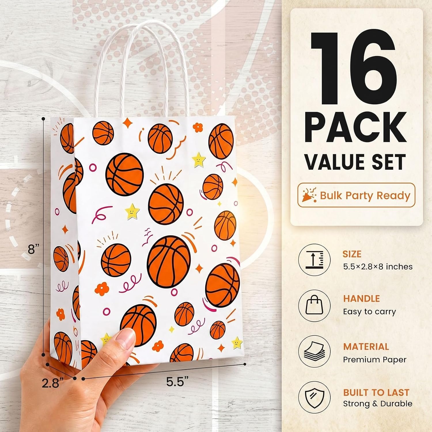 image:imageShindel 16 Pack Basketball Goodie Bags with Handles 55 X 28 X 8 inchMulticolor