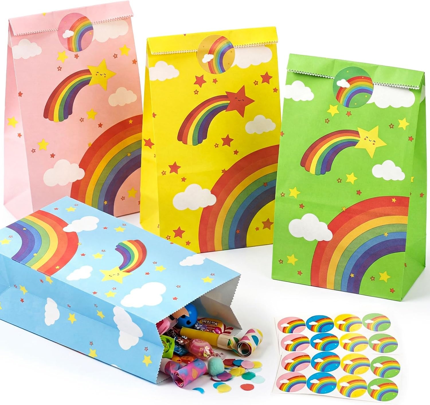 image:imageShindel 24 Pack Rainbow Party Favor Bags with Stickers 4 ColorsMulticolor