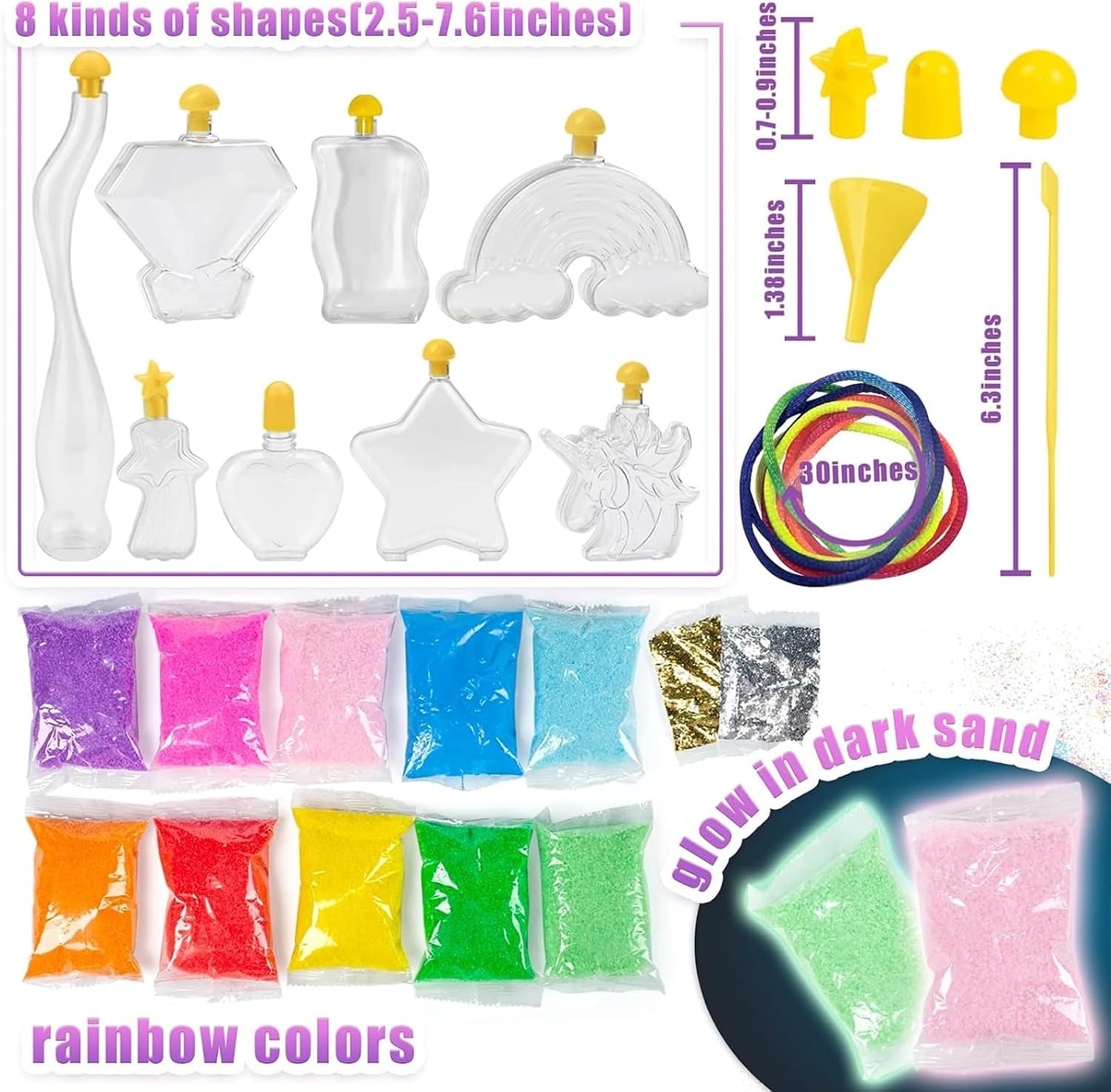 image:imageShindel 36PCS Sand Art Kit with 8 Bottles 10 Colored 2 Glitter Sand BagsMedium Pack of 3