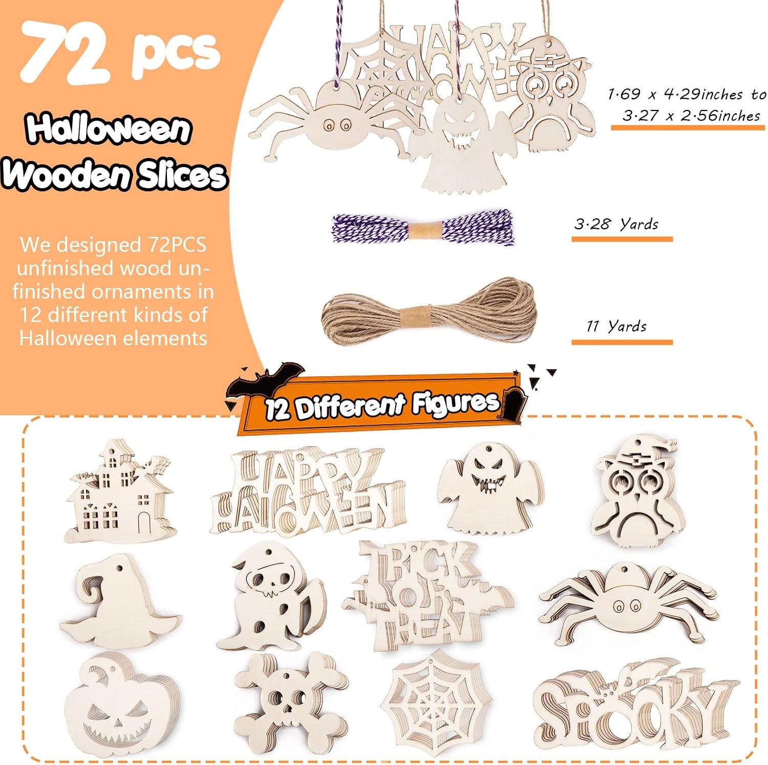 image:imageShindel 72PCS Halloween Wood Ornaments and 12PCS Plastic Hourglass Timer