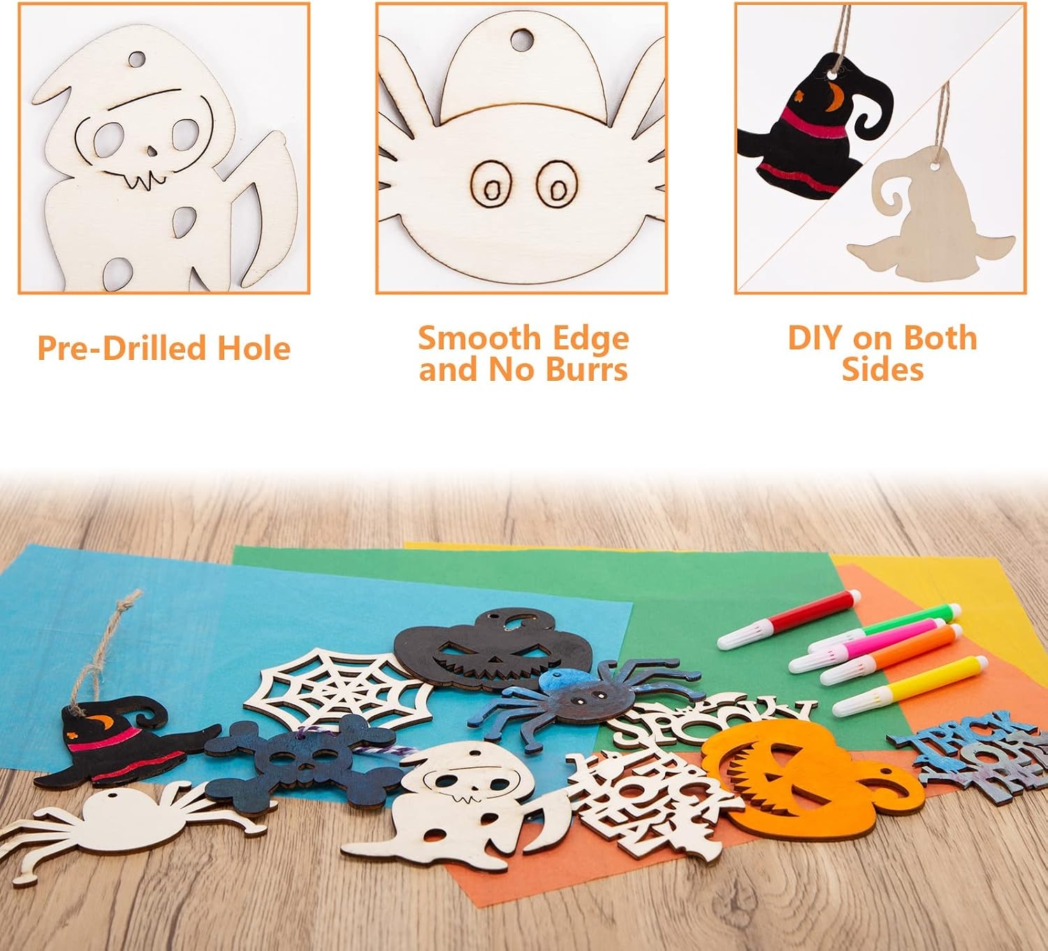 image:imageShindel 72PCS Halloween Wood Ornaments and 12PCS Plastic Hourglass Timer