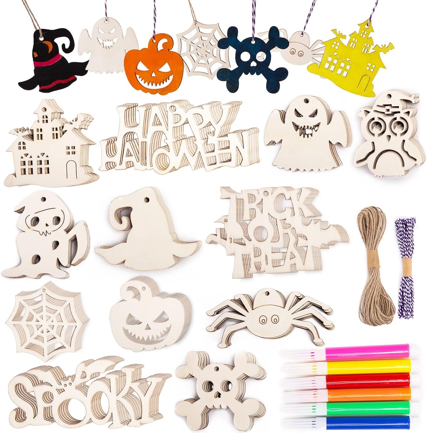 image:imageShindel 72PCS Halloween Wood Ornaments and 12PCS Plastic Hourglass Timer