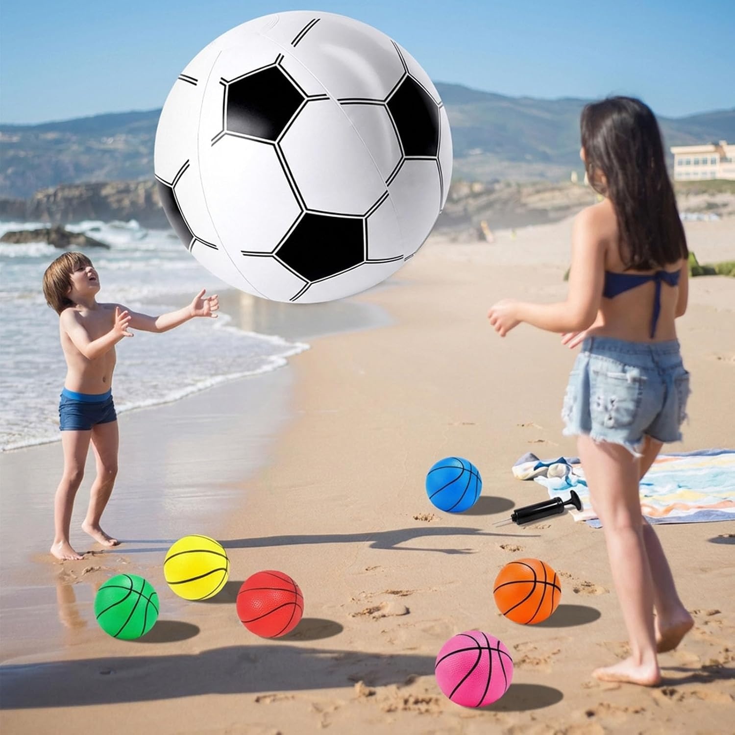 image:imageShindel Mini Basketball amp Giant Inflatable Soccer Ball Set 6PCS Mini Basketballs with Pump 27Inch Inflatable Soccer Ball Perfect for Pool Outdoor Sports and Birthday Parties