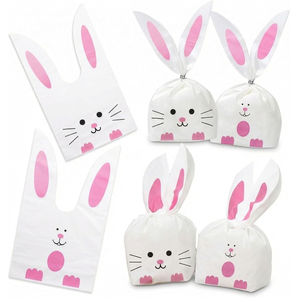image:imageShindel 100PCS Cute Easter Goodie Bags 85 x 51 Inch Bunny Treat Bags for Cookie Snack Packaging Supplies