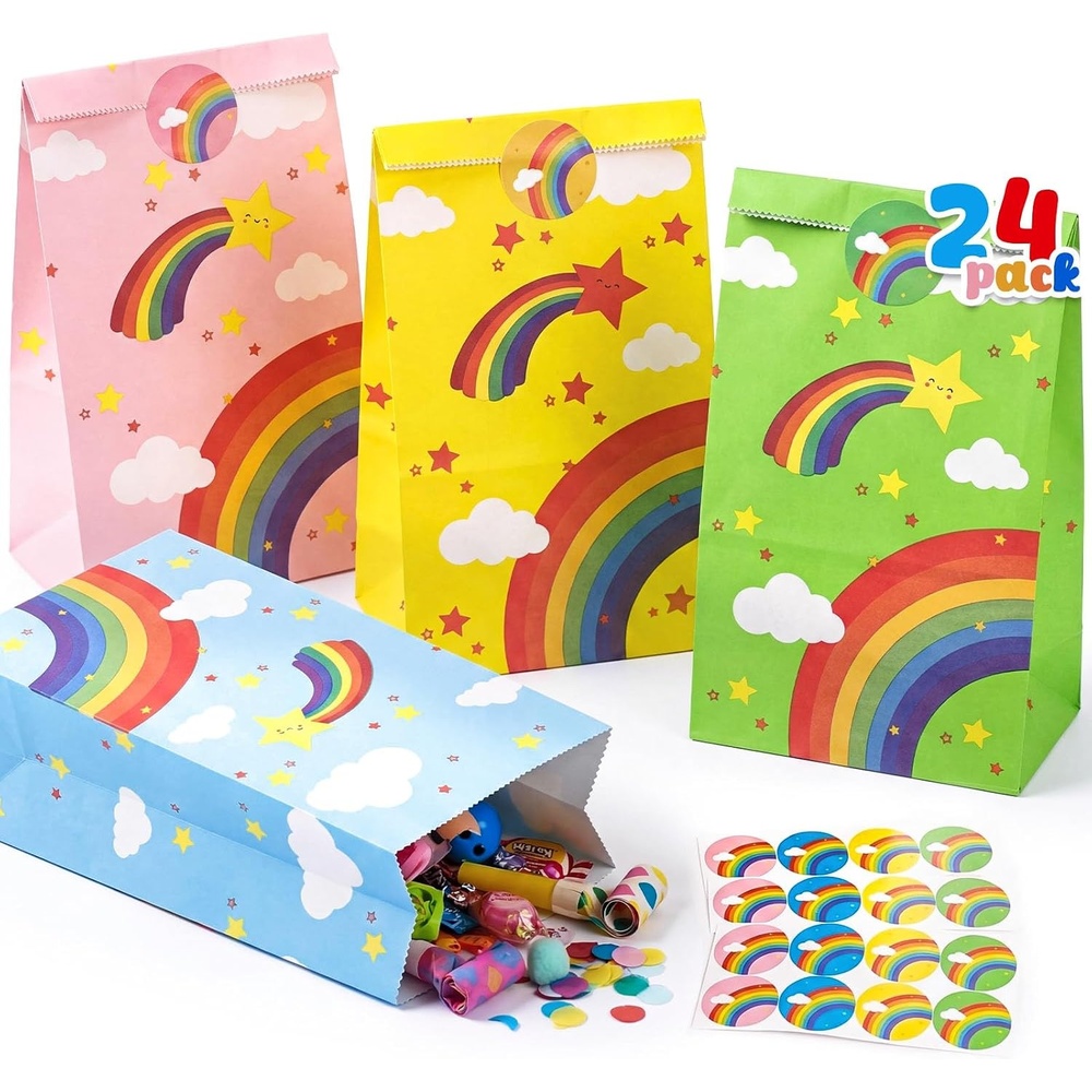 image:imageShindel 24 Pack Rainbow Party Favor Bags with Stickers 4 ColorsMulticolor