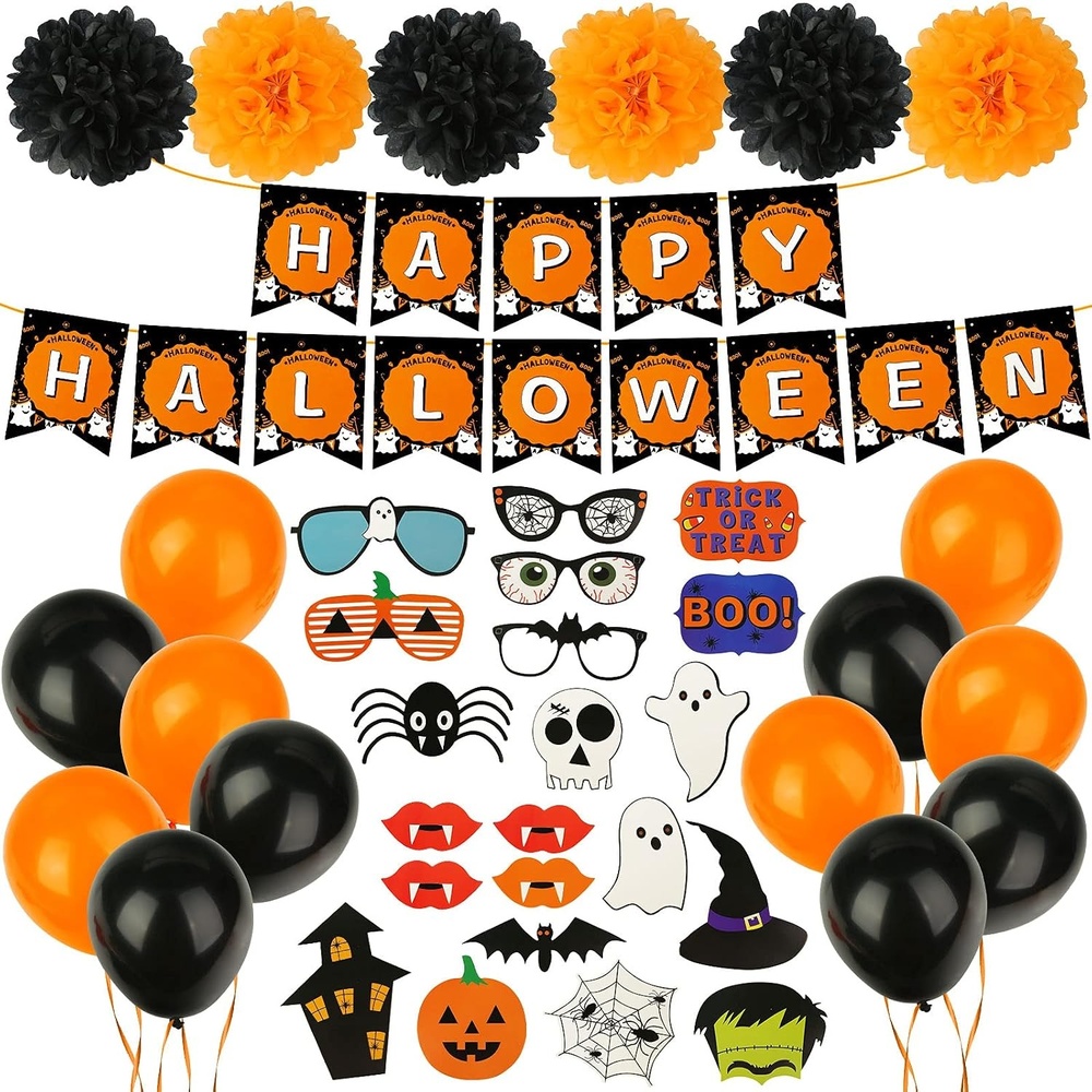 image:imageShindel 40PCS Halloween Party Decorations Halloween Party Supplies Including Halloween Banner Balloons Paper Pom Poms Halloween PhotoProps Home Garden Bar Decor