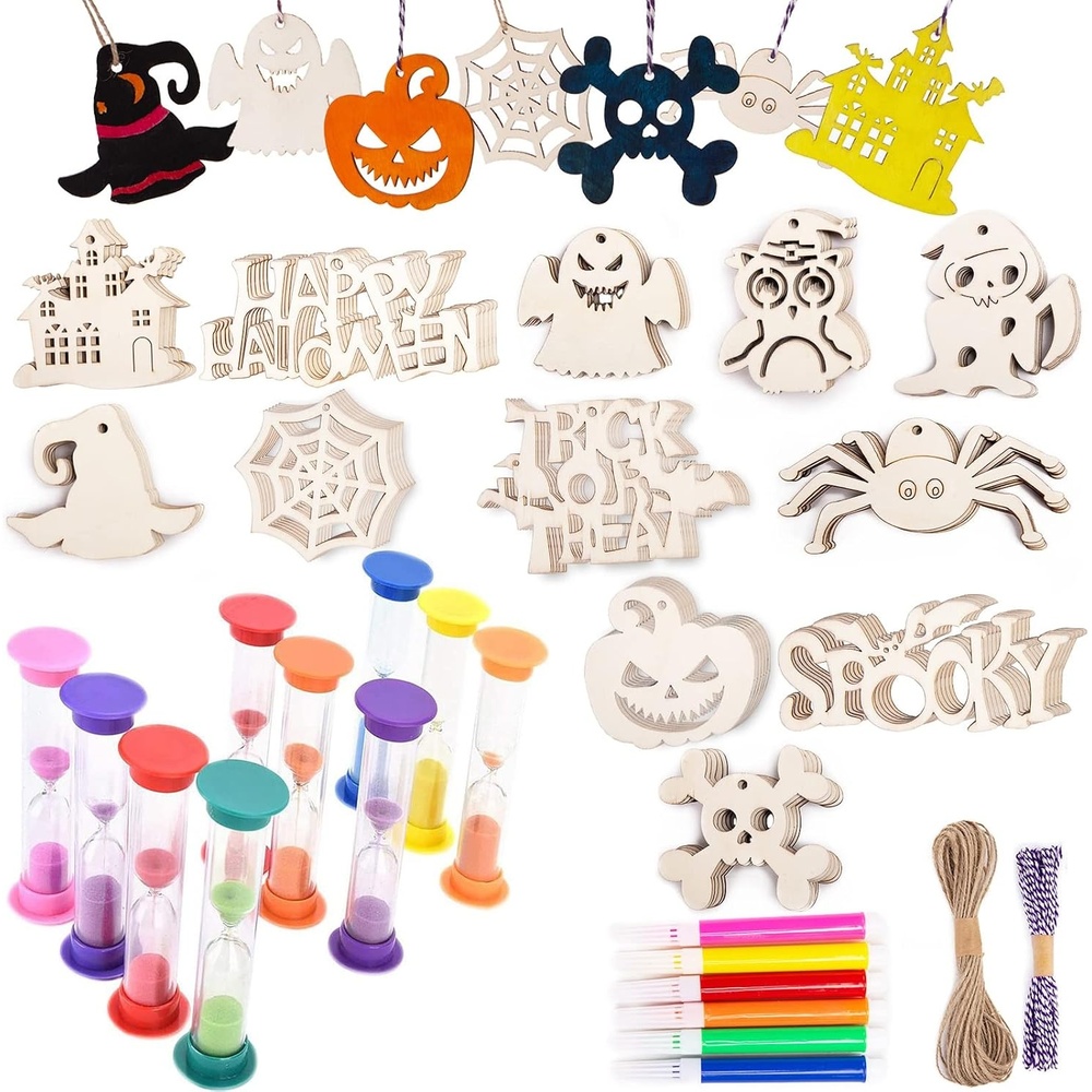 image:imageShindel 72PCS Halloween Wood Ornaments and 12PCS Plastic Hourglass Timer