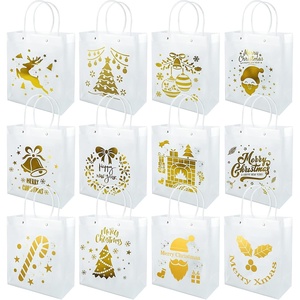 Shindel 12PCS Christmas Holiday Golden Gift Bags, Clear Christmas Gift Bags Shopping & Merchandise Bags Winter Prints for Party Favors Goody Bags, Xmas Presents, 9 x 4 x 10inches