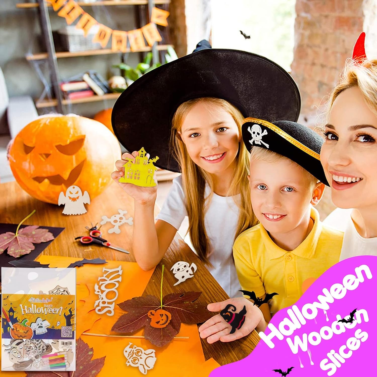 image:imageShindel Halloween Crafts for Kids 72PCS Wooden Halloween Decorations 12 Styles Unfinished Wood Cutouts Wood Ornaments for DIY Gifts Home Office Party Yard Hanging